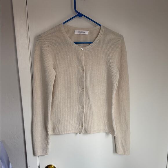 Aya Muse Cream Eris Cardigan Sweater with Long Sleeves and Round Neckline - Picture 4 of 8